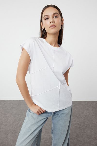 Trendyol Collection Alb, 100% bumbac - Tricou cu croiala largă cu detaliu de țesut TWOSS24TS00282