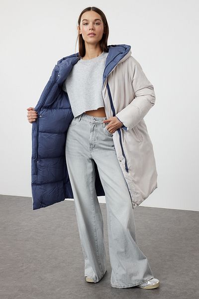 Trendyol Collection Oboustranný šedomodrý dlouhý kabát s kapucí – vodoodpudivý Twoaw23Mo00052