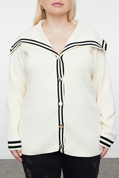 Trendyol Curve Premium Soft Fabric - Cream Sailor Collar Knitwear Cardigan TBBAW25AV00007