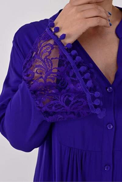 Park Moda An10459 Μακρύ φόρεμα με λεπτομέρεια από δαντέλα με πομπόν