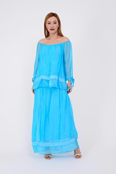 Park Moda 3845 Φόρεμα από μετάξι με ελαστικό γιακά και λεπτομέρεια από παγιέτες