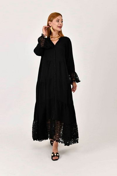 Park Moda An10459 Long Dress with Pompom and Lace Detail