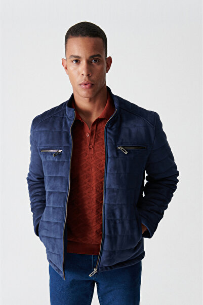 Avva Erkek Lacivert Dik Yaka Yandan Cepli Kapitone Süet Mont A12y6048