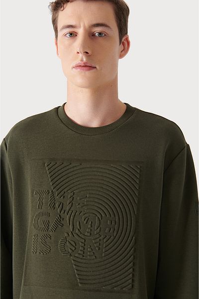 Avva Men's Khaki Crew Neck Seersucker Printed Sweatshirt A12y1029