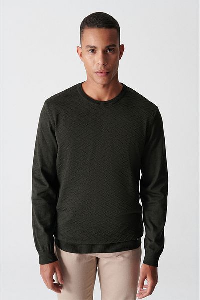 Avva Men's Khaki Crew Neck Jacquard Sweater A12Y5203