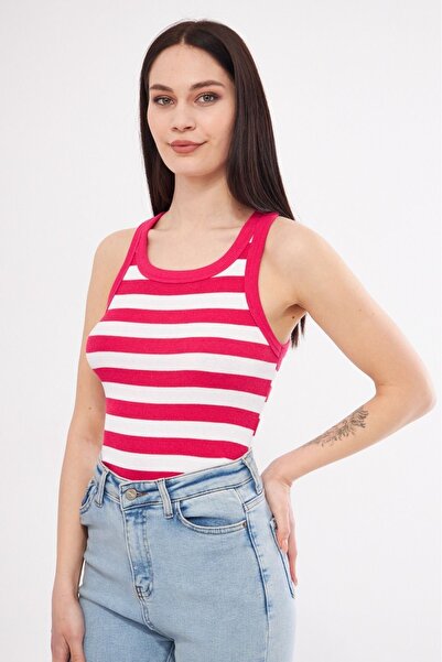 Genel Markalar Kadın Pempe Beyaz Çizgili Fitilli Likralı T-shirt Halter Yaka ...
