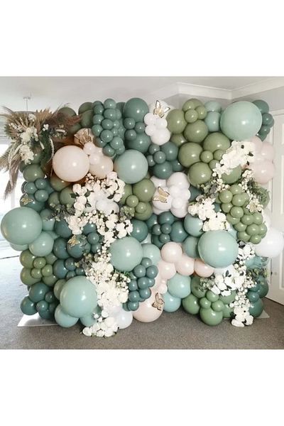 Kavalingo White and Winter Green 60 Pieces Eucalyptus Balloon Chain Party Set - Birthday Concept