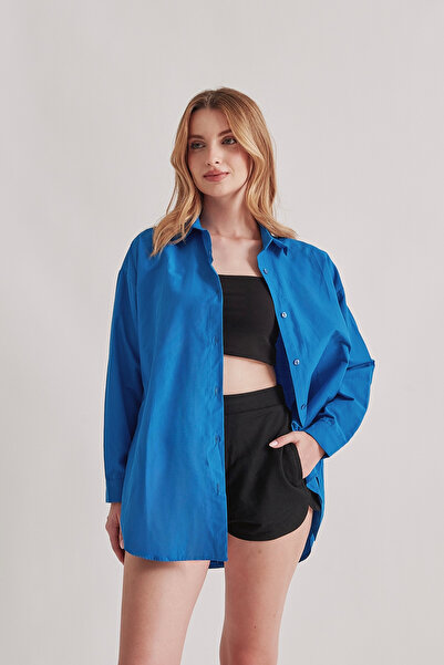 Rabia Çelik Cămașă de damă oversize albastru închis - model de bază lung