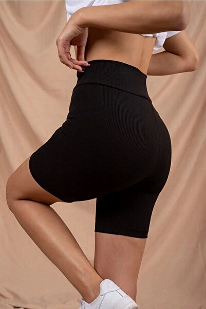 Genel Markalar Siyah Toparlayıcı Fitilli Çizgili Kısa Şort Yarım Tayt Yüksek ...