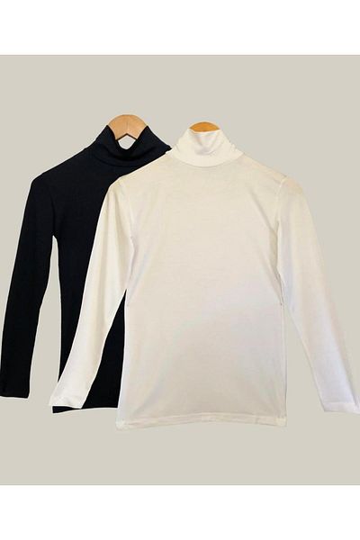 TUTUYA TEXTIL بادي نسائي أبيض وأسود - كم طويل، نصف الياقة المدورة