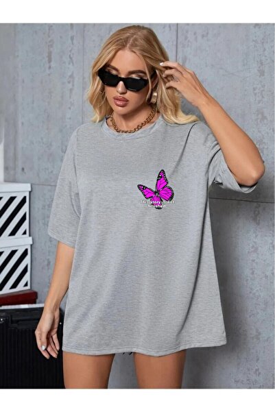 oneagılyazı Purple Butterfly Printed Oversize Women's T-shirt