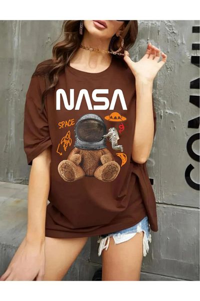 Evomind 1 μπλουζάκι για αγορές 5 και άνω στο καλάθι - Unisex Bear Nasa Printed Oversize T-shirt