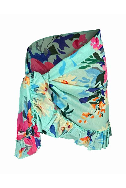 Bolder Frida Turquoise Flower Pattern Short Ruffle Pareo