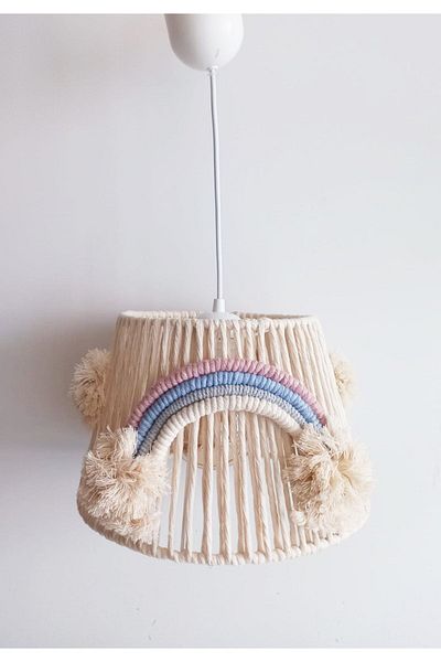 C&A&B KUZEY AVİZE Rainbow Patterned Macrame Rope Wrap - Pompom Baby and Children's Room Chandelier