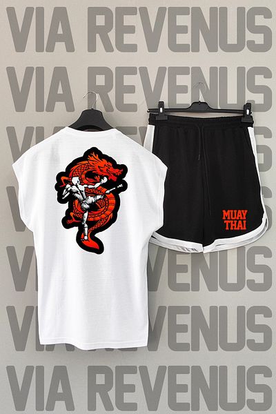 Vordevia Muay Thai Print White and Black Sports T-shirt and Shorts Set - Crew Neck, Zero Sleeve