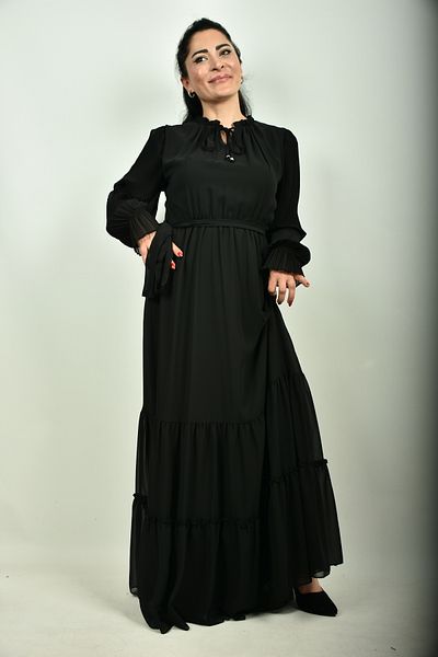 moda caddesi Pleated Sleeve and Mobile Belt Lined Chiffon Hijab Dress