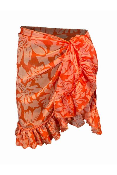 Bolder Kurzer Rüschen-Pareo „Frida“ mit orangefarbenem Muster
