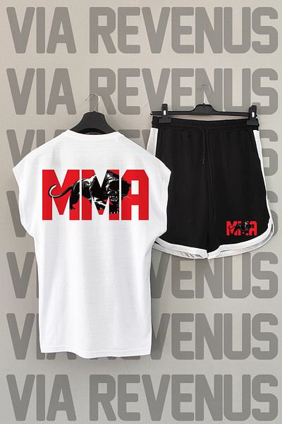 Vordevia MMA Back Printed Crew Neck Sports T-shirt and Shorts Set - White and Black