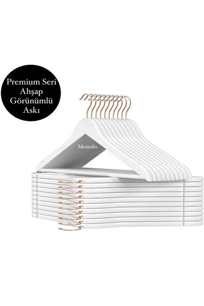 menofis Beyaz Ahşap Görünümlü Askı 36 Adet Gold Kancalı Premium Özel Seri