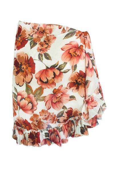 Bolder Frida Red Flower Pattern Short Ruffle Pareo