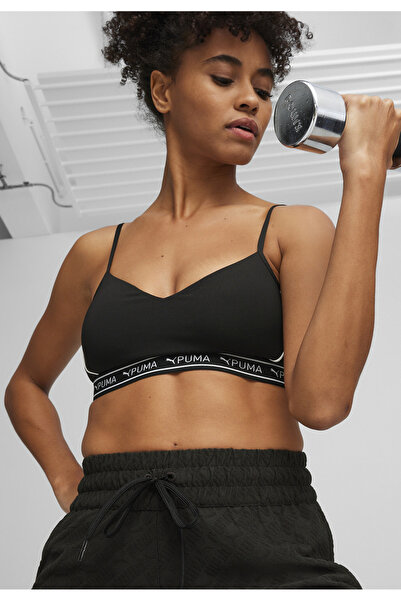 Puma حمالة صدر رياضية مبطنة بشعار العلامة التجارية للنساء، أسود/أبيض