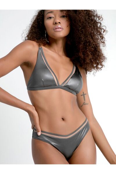 sun and moon Gri Tül Şeritli Parlak Bikini Takımı