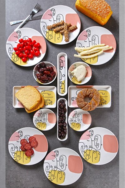 Open Home Concept 14 Parça 6 Kişilik Handmade Demet Desen Kahvaltı Takımı - L...