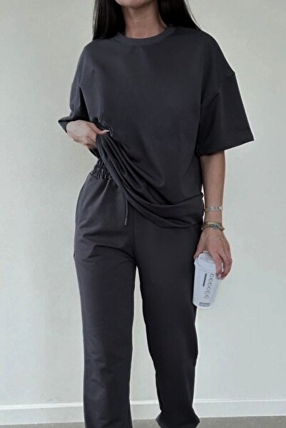 BayBayan Σετ γυναικεία αθλητική φόρμα Anthracite Color - Crew Neck, Χαλαρό κο...