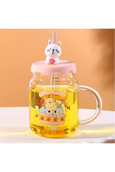 Livava Pink Rabbit Glass Cup - With Straw, 18X7.5