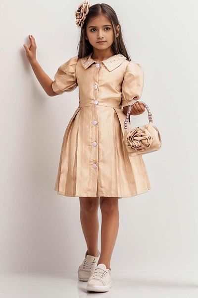 Riccotarz Shiny Satin Dress - Neck Button Detail and Jewelled Collar