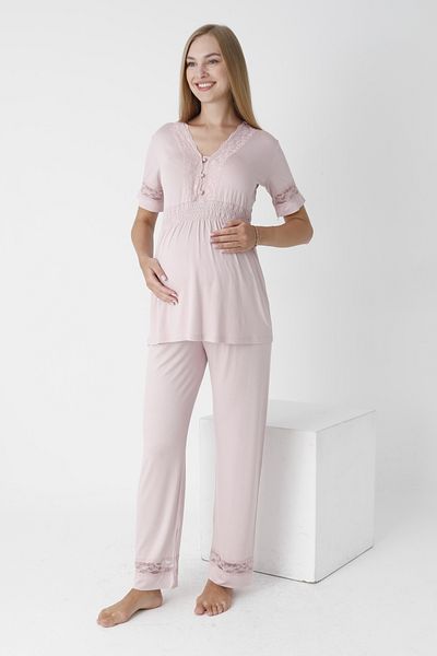 Miss Dünya Lissa V-Neck Lace Detailed Maternity and Maternity Pajamas Set - Buttoned Front, Short Sleeve