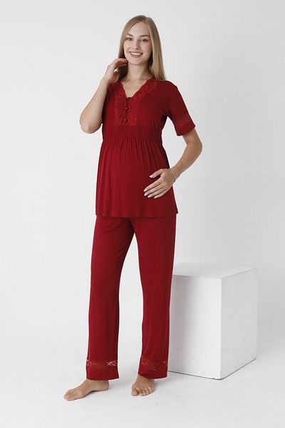 Miss Dünya Lissa V-Neck Lace Detailed Maternity and Maternity Pajamas Set - Buttoned Front, Short Sleeve