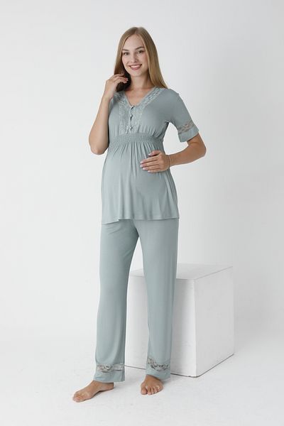 Miss Dünya Lissa V-Neck Lace Detailed Maternity and Maternity Pajamas Set - Short Sleeve