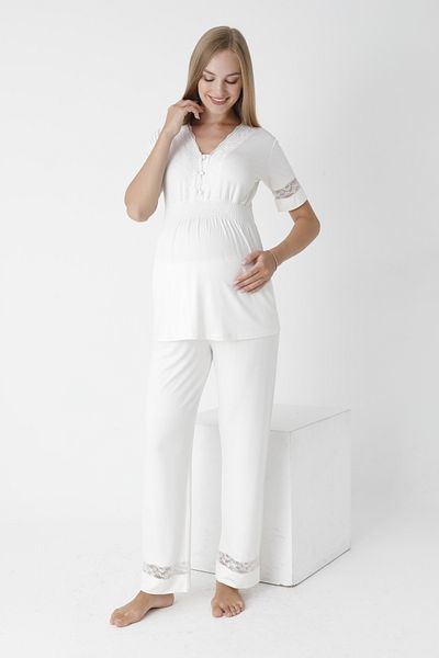 Miss Dünya Lissa V-Neck Lace Detailed Maternity and Maternity Pajamas Set - Buttoned Front, Short Sleeve