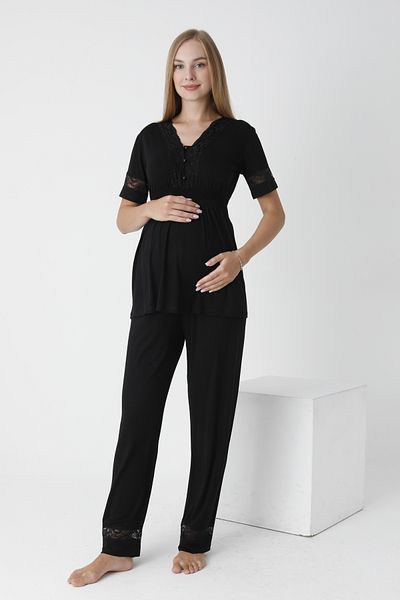 Miss Dünya Lissa V-Neck Lace Detailed Maternity and Maternity Pajamas Set - Buttoned Front, Short Sleeve