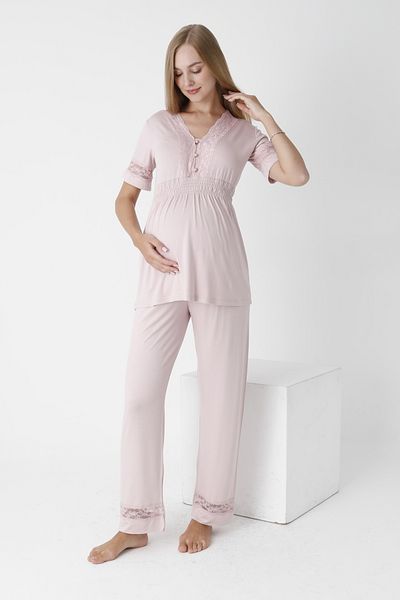 Miss Dünya Lissa V-Neck Lace Detailed Maternity and Maternity Pajamas Set - Buttoned Front, Short Sleeve