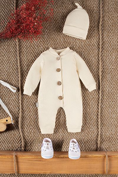 Mai Perla Beret Wooden Jumpsuit and Button Detailed Baby Set