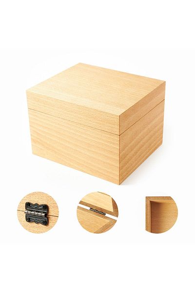 Hediyesepeti 17x20 Cm Natural Beech Wood Covered MDF Beech Box - Handcrafted Wooden Box with Lid
