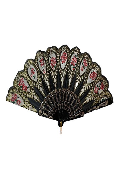 YELPAZE Şık Doğal Serinletici 877-11 Gül Motifli Yelpaze Siyah