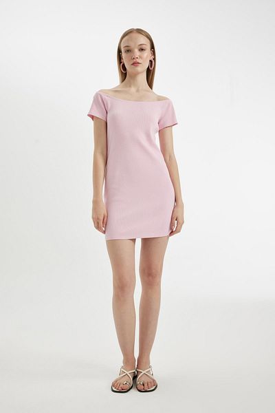 DeFacto Στράπλες Μίνι Φόρεμα Bodycon με ραβδώσεις - Κοντό μανίκι καμισόλα A7362AX24SM
