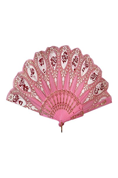 YELPAZE Şık Doğal Serinletici 877-11 Gül Motifli Yelpaze Pembe