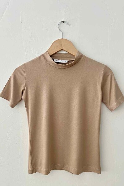 lamelif Milk Coffee Turtleneck Short Sleeve Bodysuit