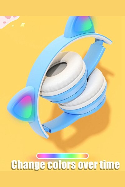 Favors Kedi Kulağı Bluetooth Kablosuz Kulaklık Rengarenk Işıklı Rgb Mavi Çocuk Oyun Kulaklığı Radyolu