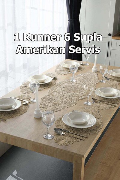 Çt Çeyizci Tekstil Американска подложка, сервиз за храна с 1 плъзгач и 6 чинии, комплект покривки, комплект за сервиране