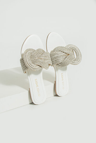 Gökçe Shoes Maira Beyaz Taşlı Halka Detay Kadın Terlik