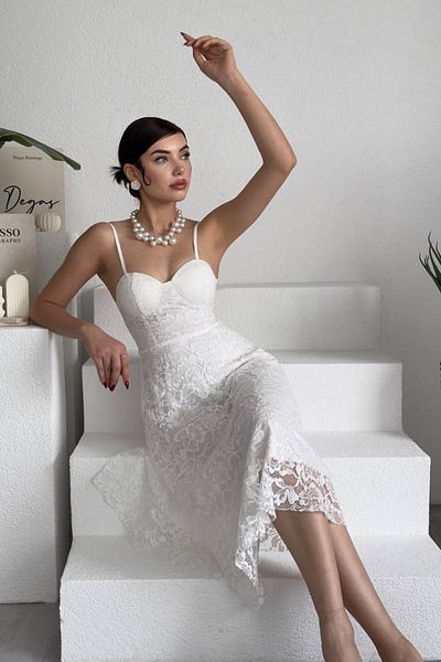 WOMAN VISION Weißes Midikleid aus Spitze – Brustpolster, verstellbarer Riemen, gefüttert und geschnürt, Design 271