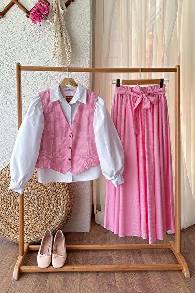 Ceylan Otantik Polka Dot Pink Vest and Skirt Set