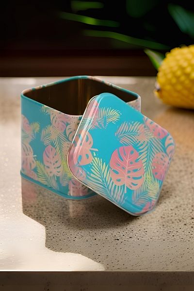 EVLE Ef014-q8 Leaf Pink Blue Patterned Square Metal Storage Container 9x9 Cm