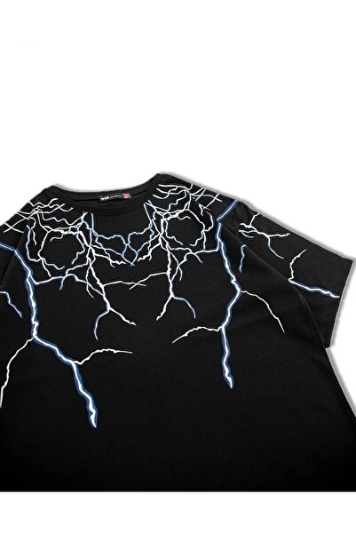Sekizbiraltı Yıldırım Baskılı Oversize Siyah Unisex Tshirt