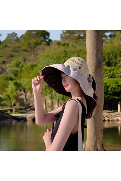 Shopiolog Katlanabilir Fiyonk Çantalı Geniş Siperli Örme Vizör Şapka Tatil Havuz Deniz Seyehat Plaj Şapkası
